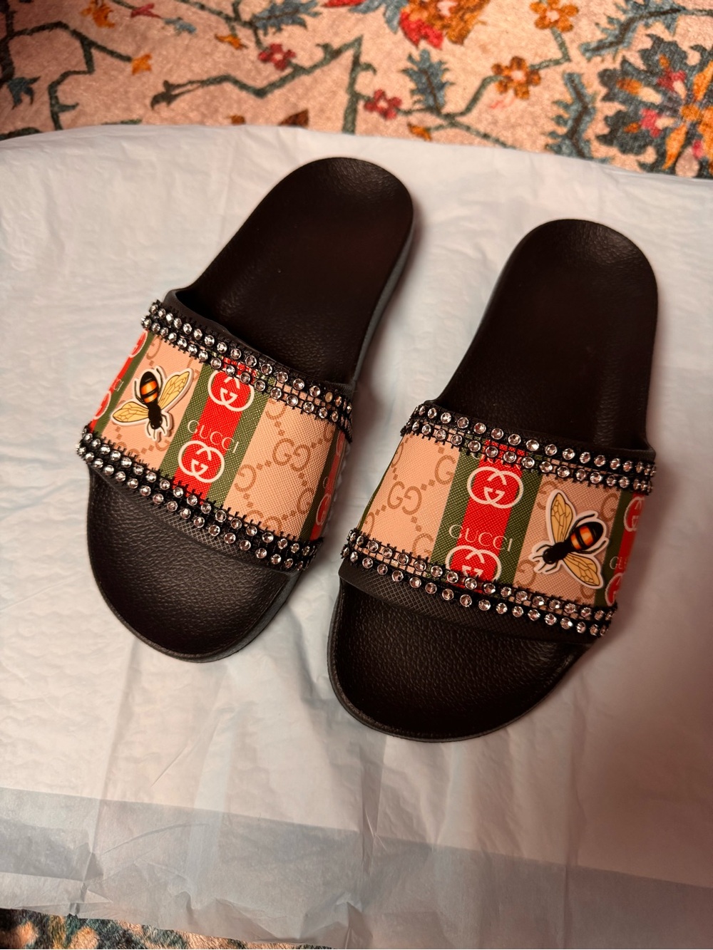 Designer-Inspired Black Slides with Bee & Monogram Strap - Picture 2 of 2